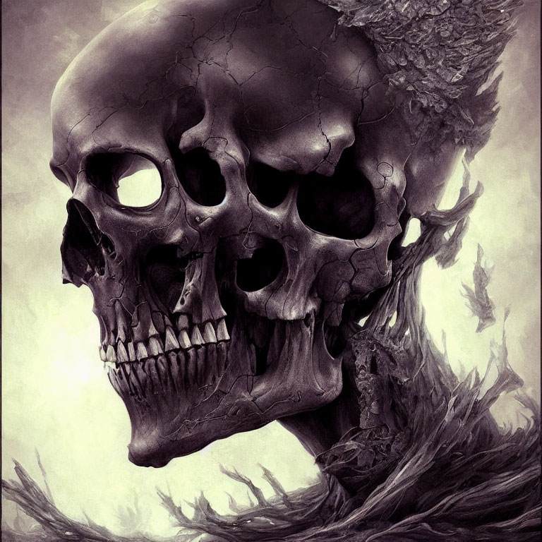 Monochromatic artwork of textured, cracked skull with dark hollows