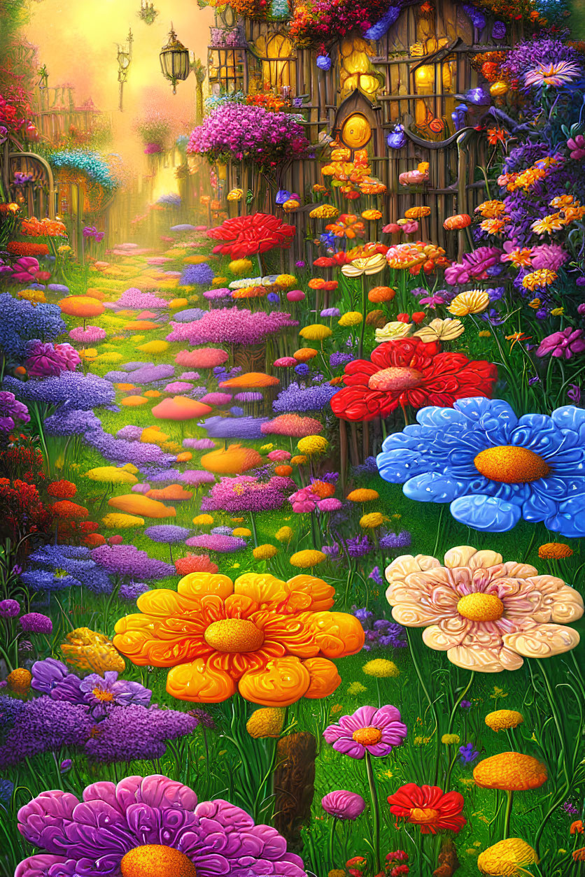 Colorful Flower Path Leading to Whimsical Cottage with Flowering Plants