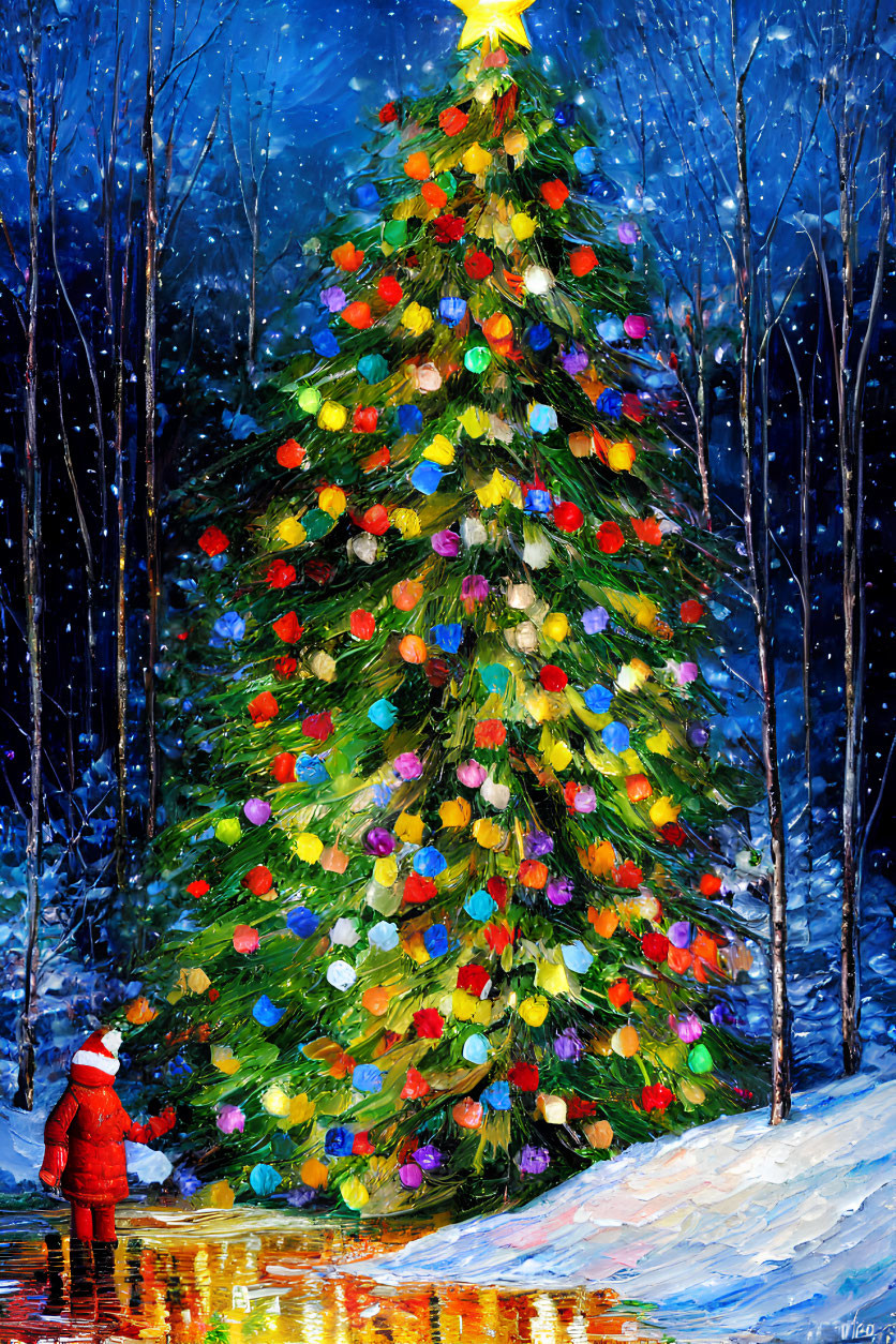 Vibrantly Decorated Christmas Tree in Snowy Forest