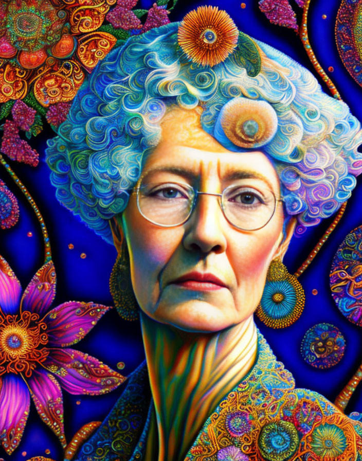 Vibrant portrait of stern-faced woman with blue curly hair and floral adornments.