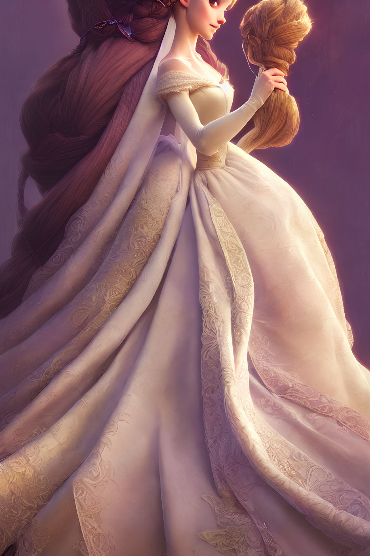 Animated Princess with Long Braided Hair and Cream Gown in Thoughtful Pose