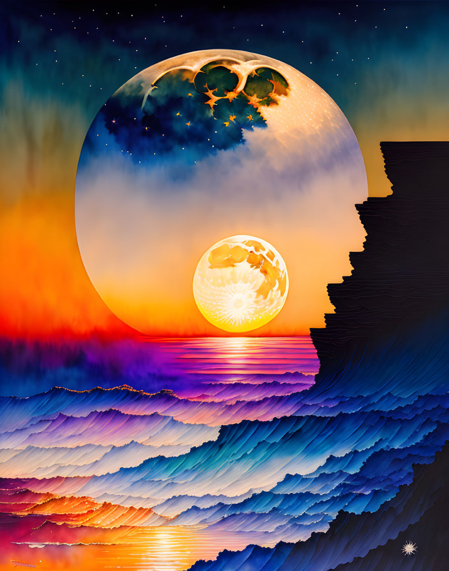 Surreal digital artwork: Layered landscape with two moons in vibrant sky