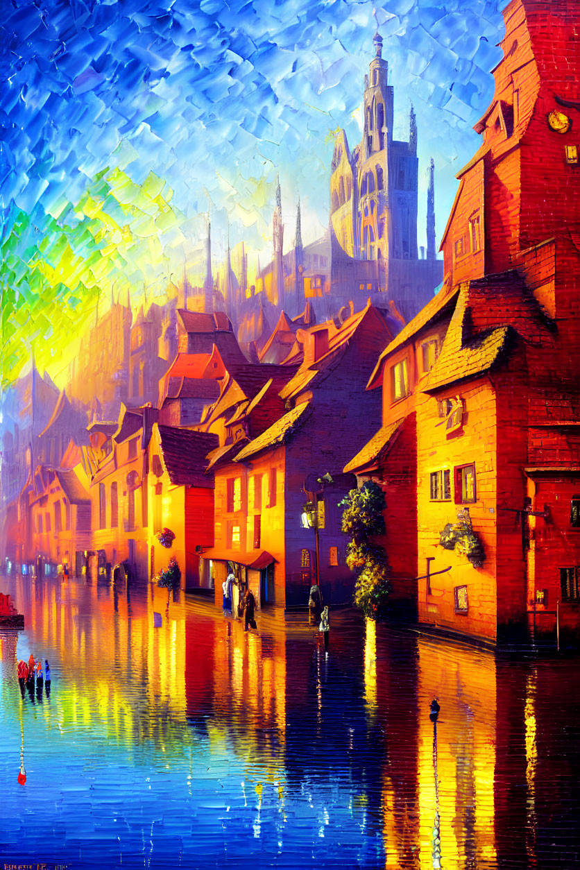 Vibrant painting of idyllic town at dusk with lit windows