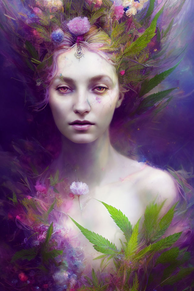 Ethereal makeup portrait with floral crown on purple backdrop