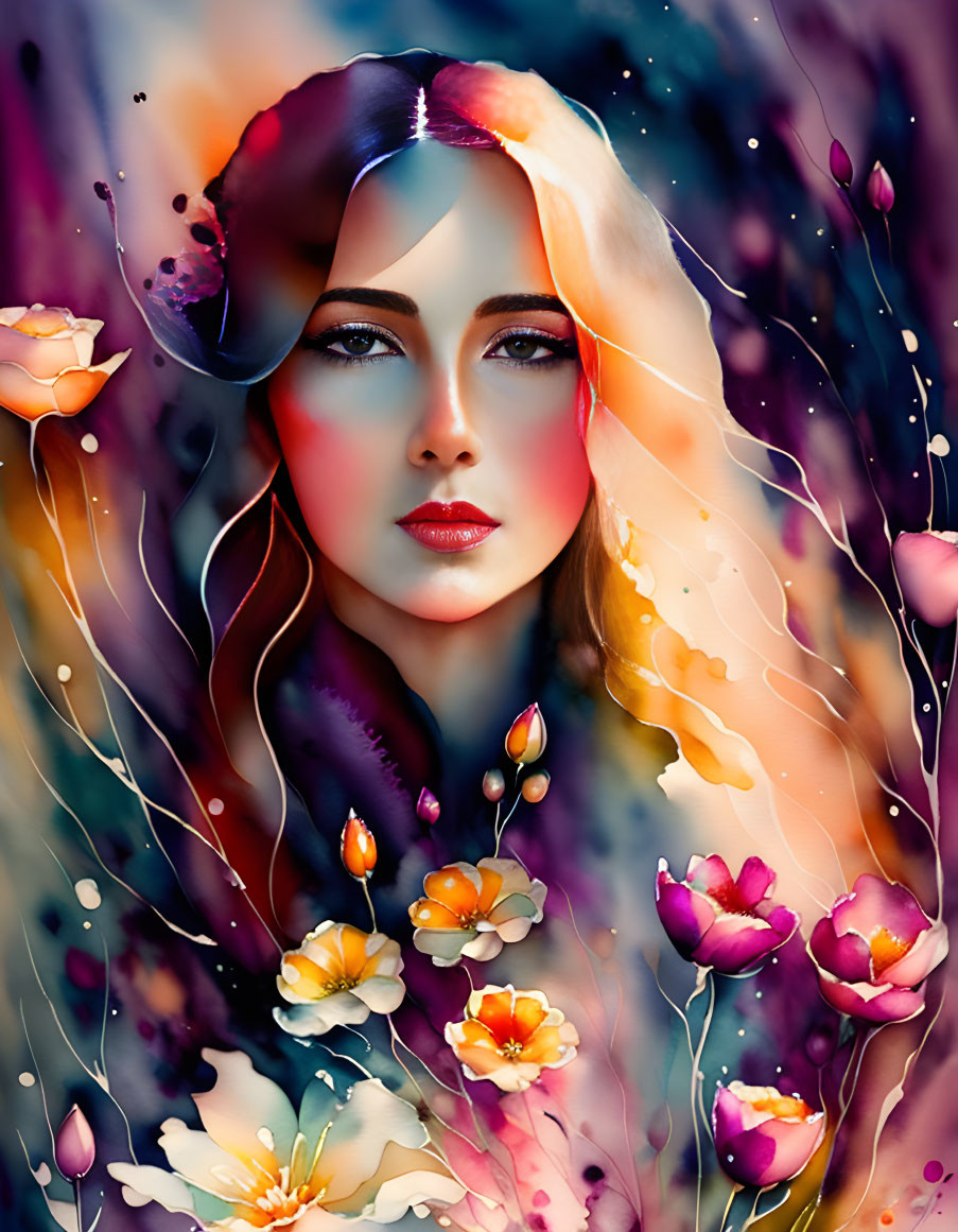 Colorful digital artwork of woman with stylized flowers in vibrant purples, pinks, and