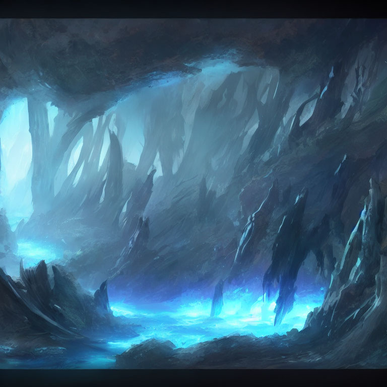 Ethereal underground cavern with blue glow and towering rock formations