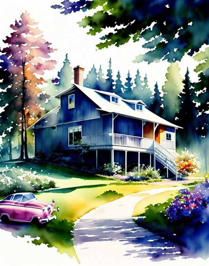 Colorful watercolor painting of a two-story house with pink car and lush surroundings