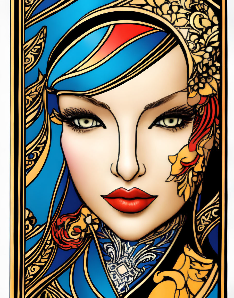 Stylized portrait of a woman with blue and red headscarf and golden accessories