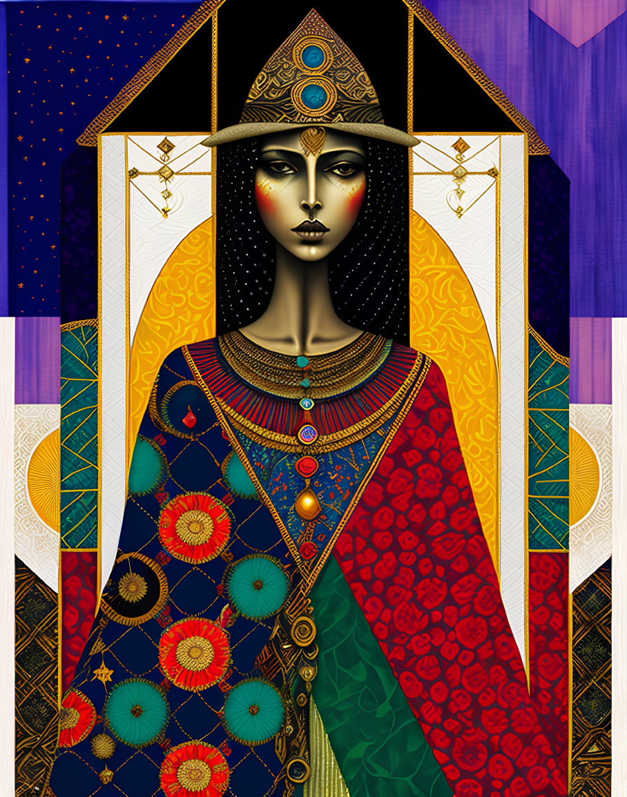 Stylized woman with geometric patterns in night sky art