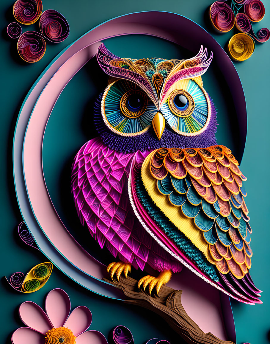 Colorful Stylized Owl Artwork Perched on Branch with Floral Designs