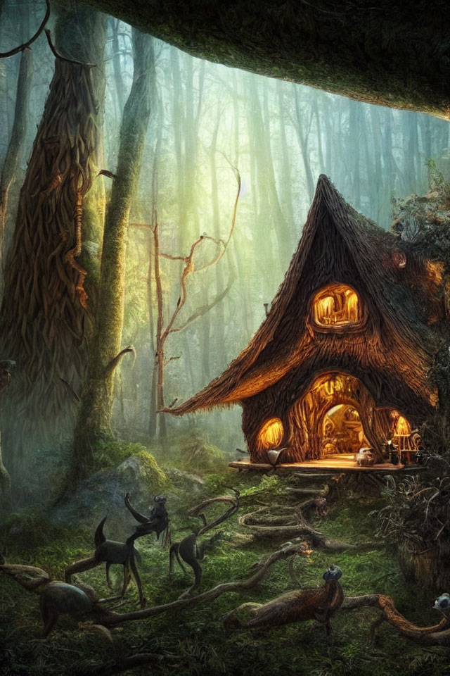 Enchanting forest scene with cozy cottage and mystical creatures