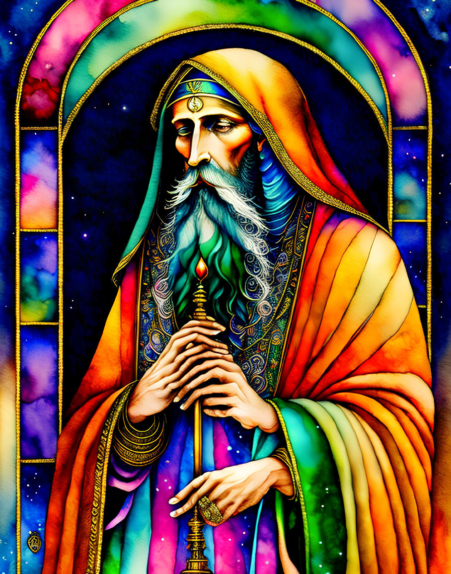 Colorful Illustration of Bearded Figure in Ornate Robes