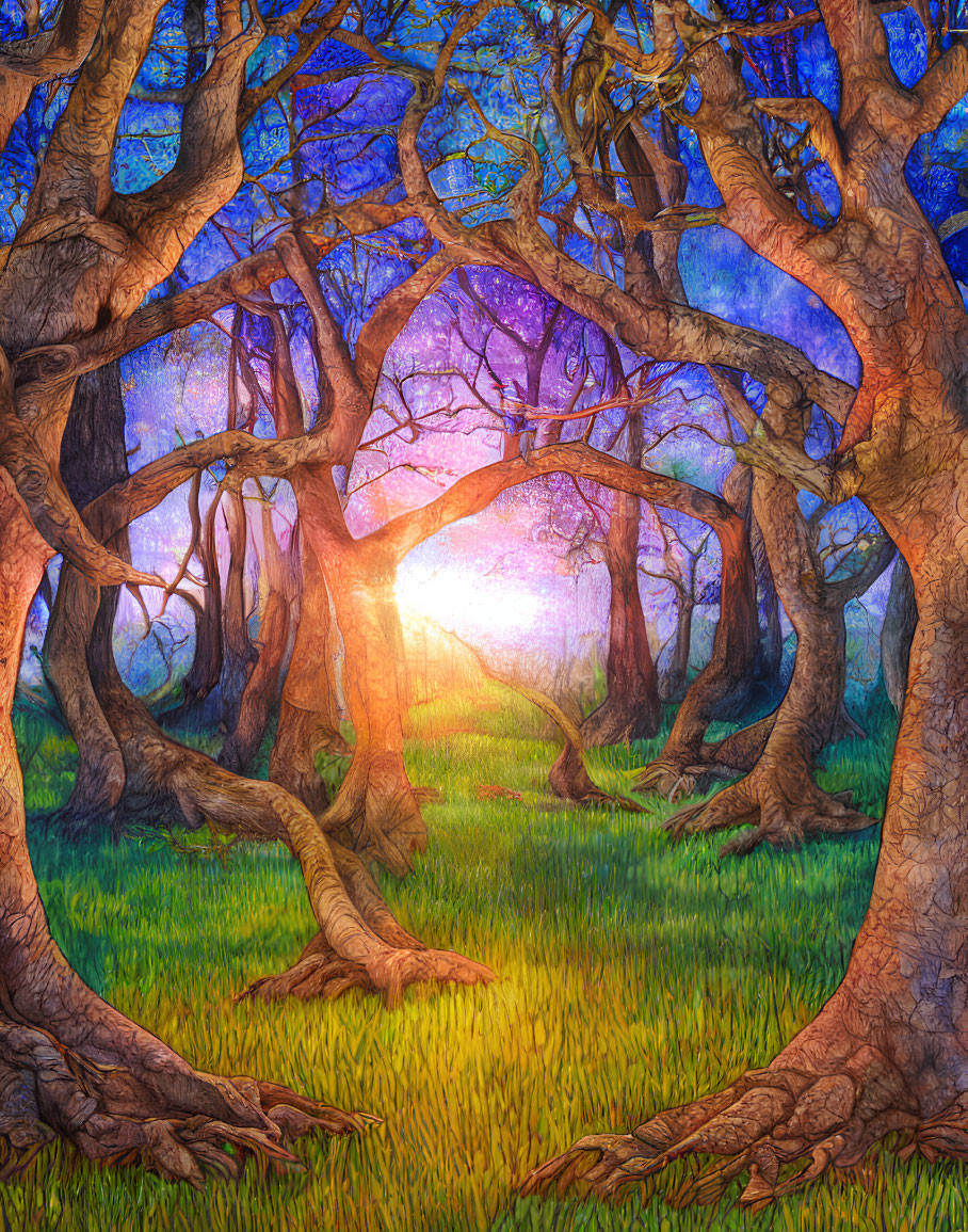 Vibrant mystical forest with twisted trunks in warm purple glow