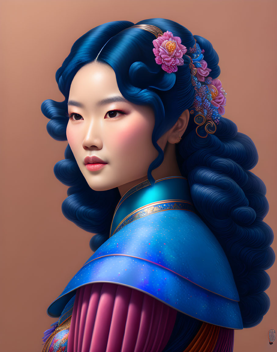 Stylized digital portrait of woman with voluminous blue hair and cosmic attire