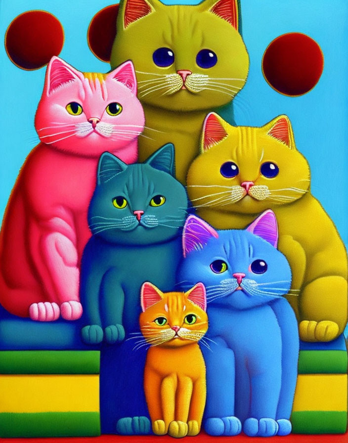 Vibrant painting of five stylized cats in pyramid formation