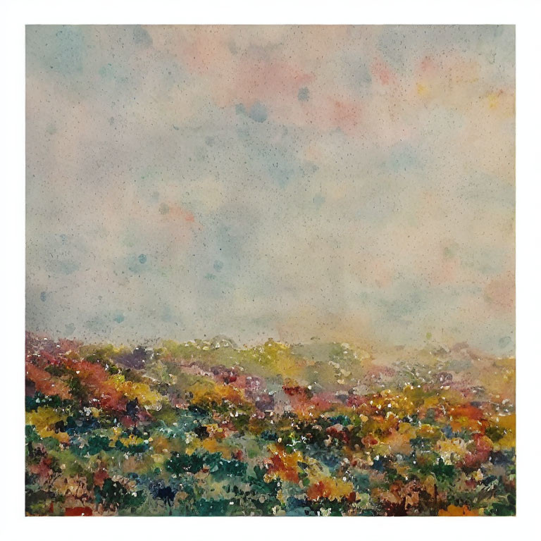 Colorful Watercolor Painting of Flower Field Under Pastel Sky