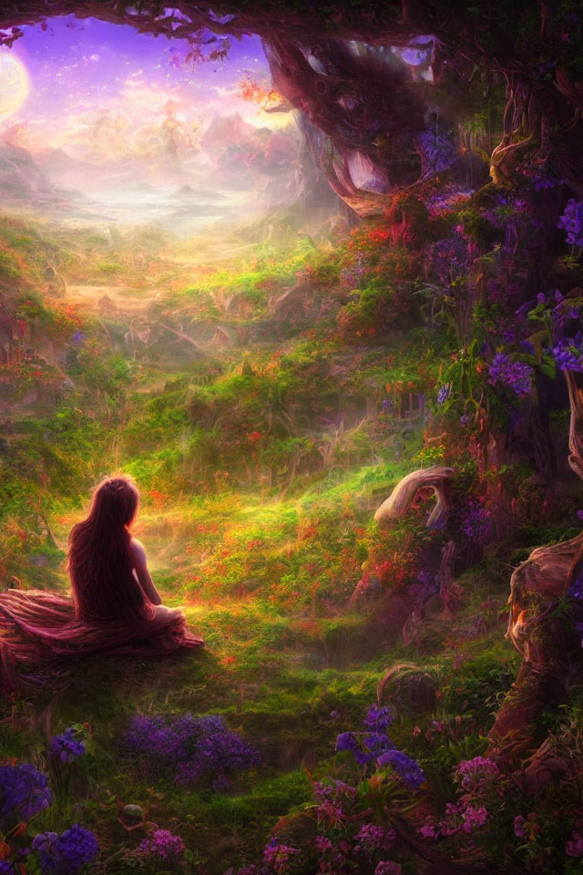 Person sitting on log in mystical forest at dusk with purple sky and flora.