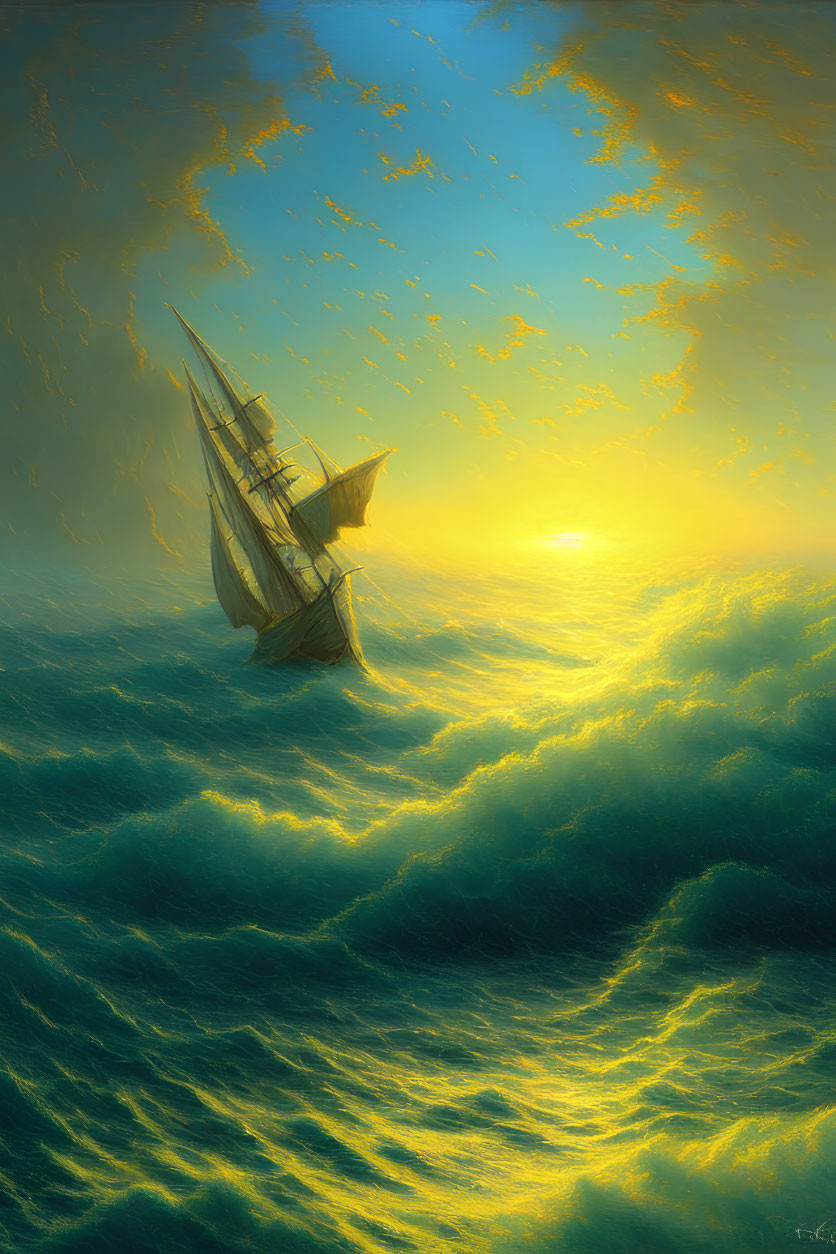 Sailing ship in stormy seas under radiant sunset