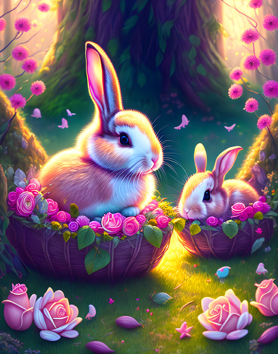 Illustrated rabbits in magical forest with pink blooms and glowing light