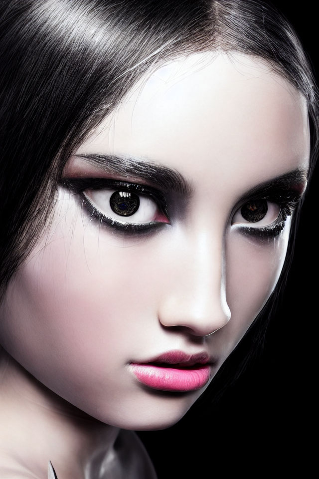 Detailed close-up of woman's dramatic makeup and high-contrast lighting