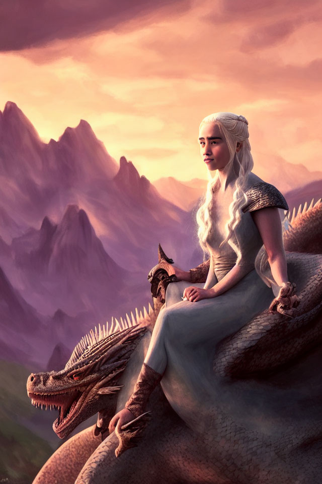 White-haired woman on dragon in sunset mountain landscape