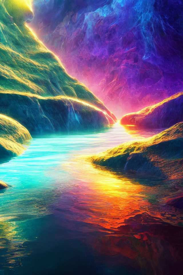 Mystical canyon with luminescent waters and colorful sky