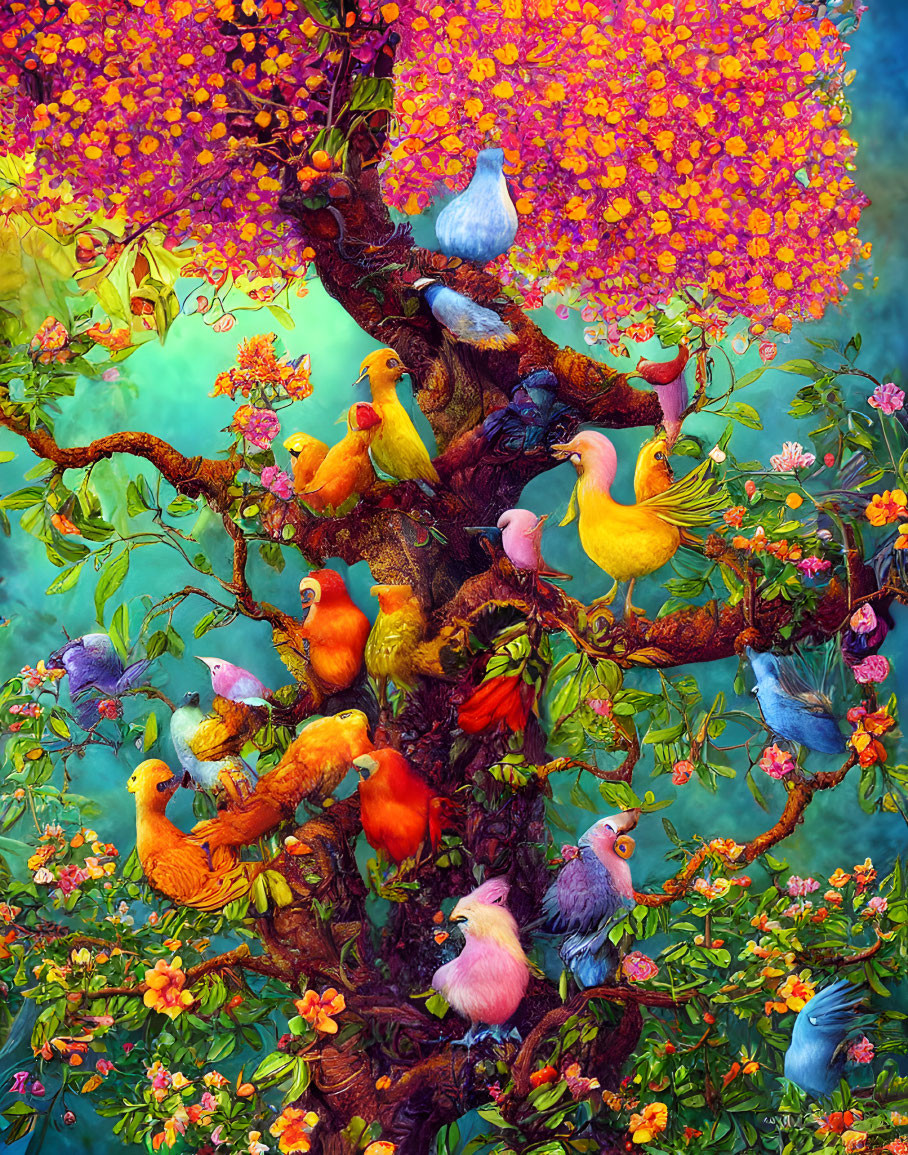 Colorful digital artwork: Fantastical birds on blooming tree