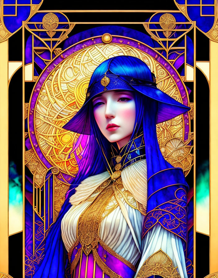 Purple-haired woman in blue and gold attire on stained-glass background