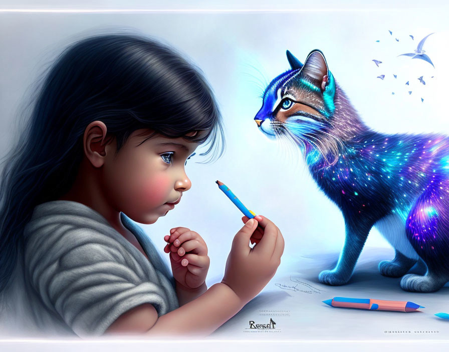 Dark-haired girl drawing next to cosmic cat in dreamy setting