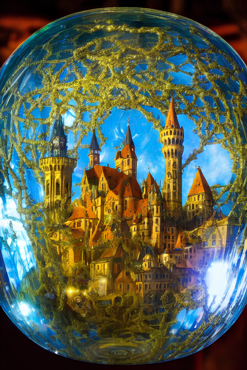 Fantasy castle scene in spherical bubble with golden filigree patterns