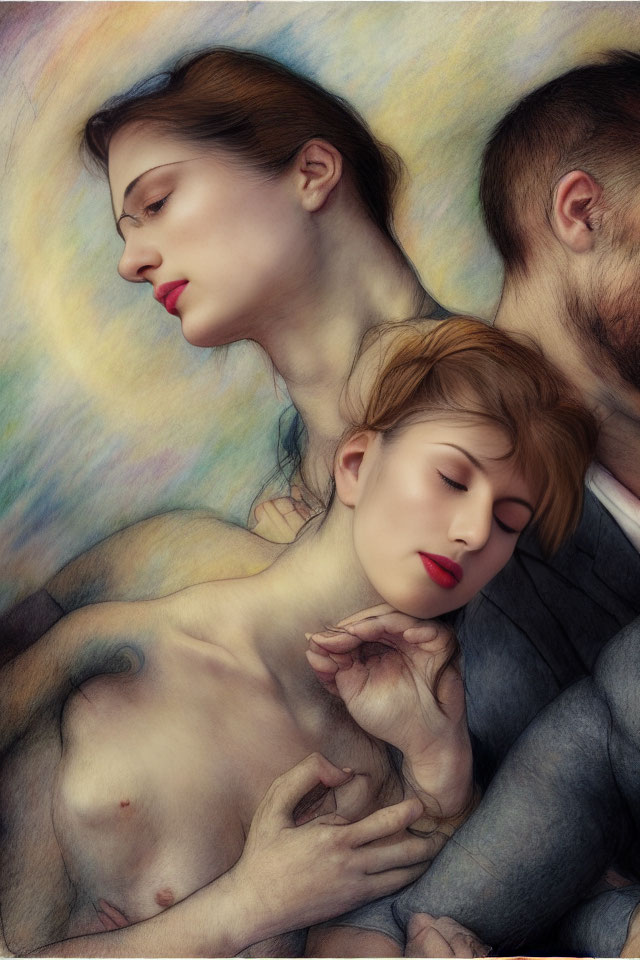 Dreamlike Painting of Man and Two Women Embracing in Soft, Swirling Colors