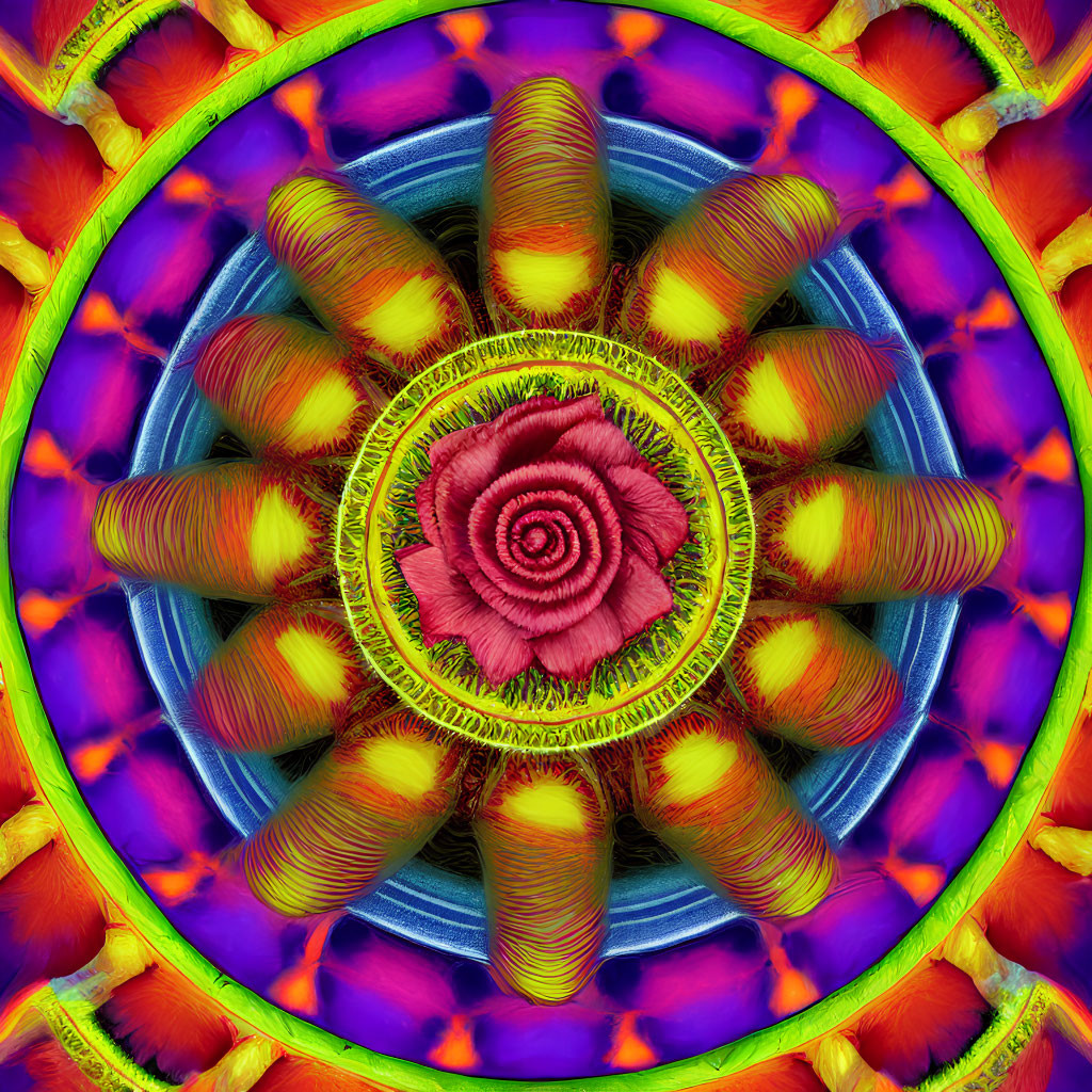 Symmetrical kaleidoscopic image with pink floral center surrounded by multicolored layers