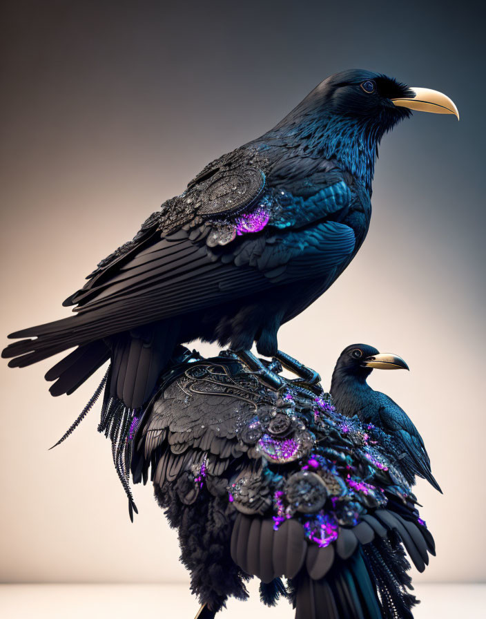 Embellished ravens with metalwork and gemstones on gradient background