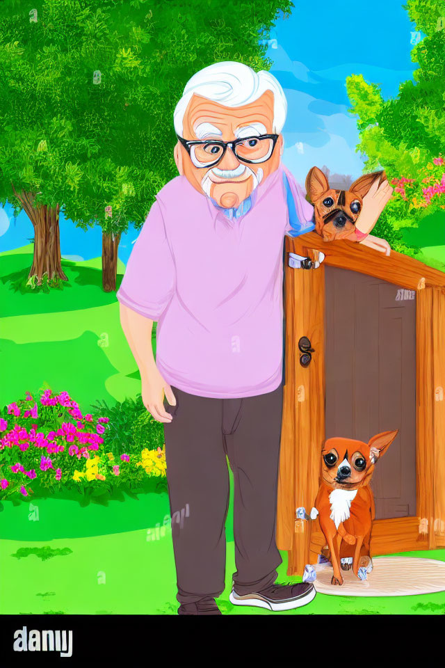 Elderly man with glasses and beard by wooden gate with two small dogs in sunny park