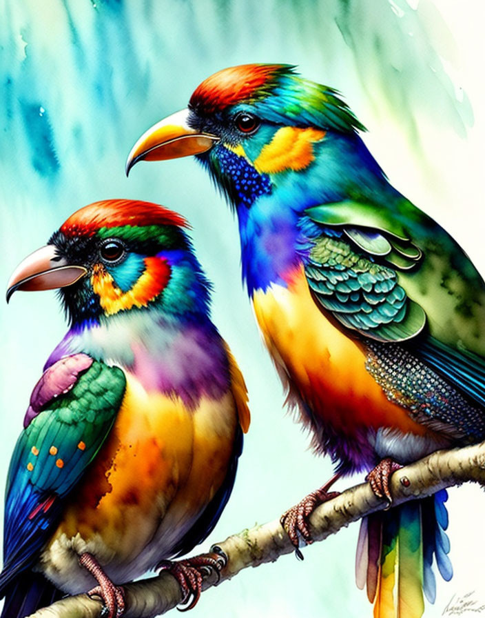 Colorful Birds Perched Together on Branch