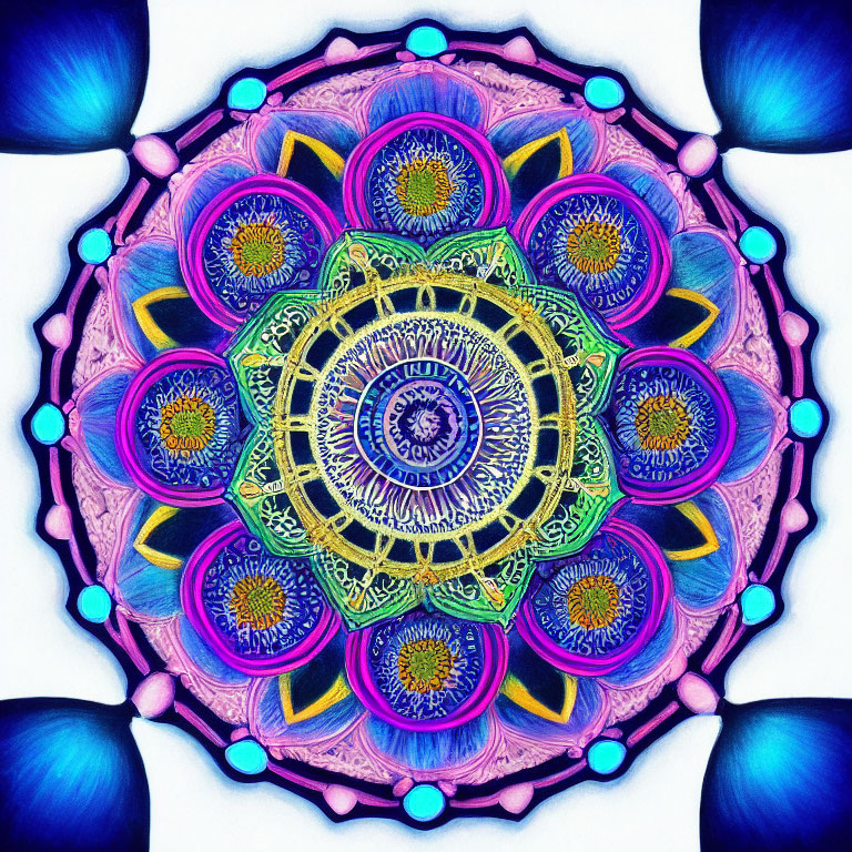 Colorful Symmetrical Mandala with Intricate Pattern in Blue, Purple, and Gold