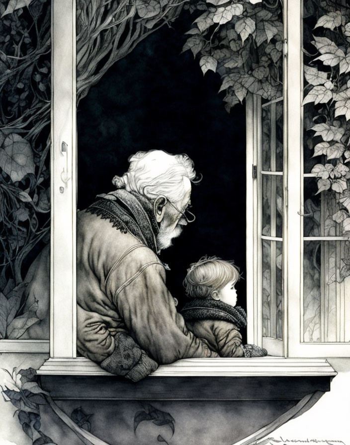 Elderly man and young child sitting by open window surrounded by vines