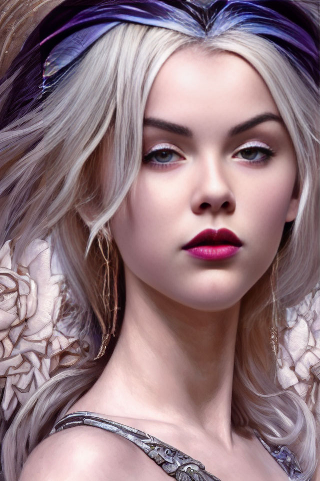 Portrait of woman with purple lipstick, platinum blonde hair, and crown.