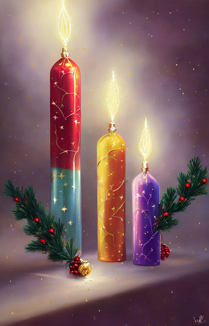 Colorful lit candles with pine branches and berries on starry background