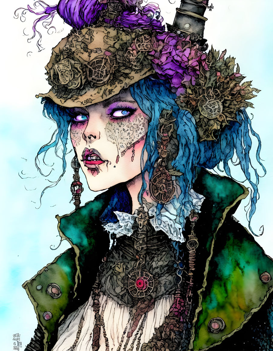 Steampunk-style illustration of a woman with blue hair and violet eyes adorned with gear and floral accessories