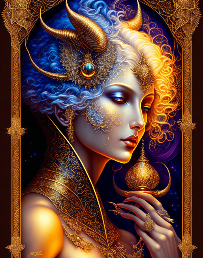 Detailed mystical woman with blue skin, horned headdress, and golden adornments