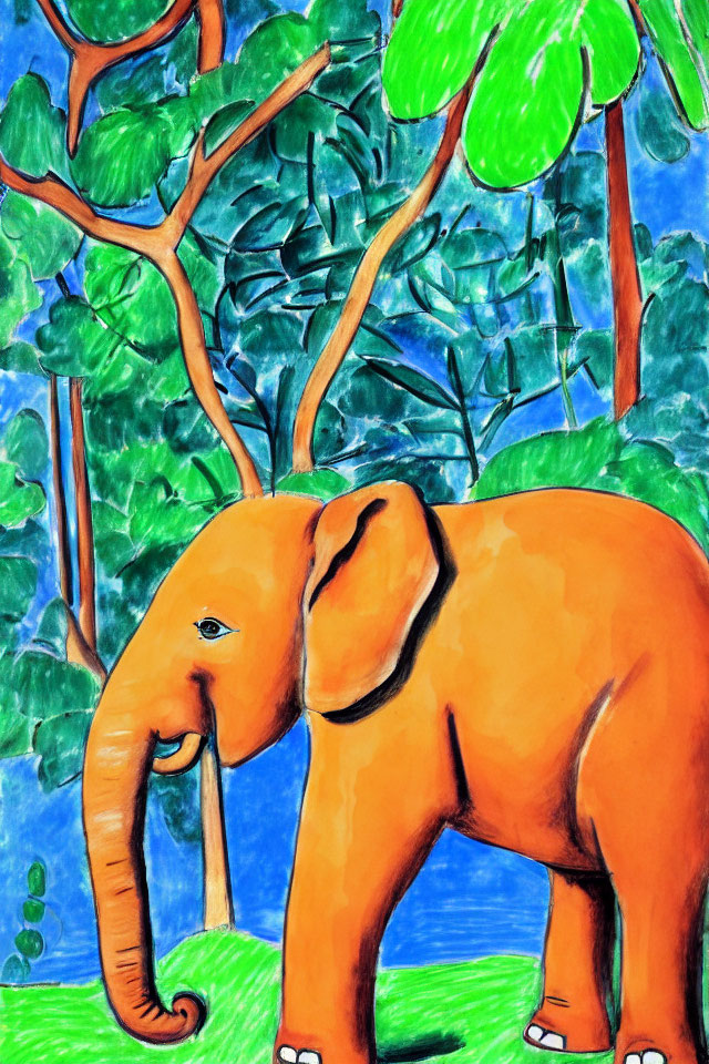 Colorful Drawing: Smiling Orange Elephant in Forest Scene