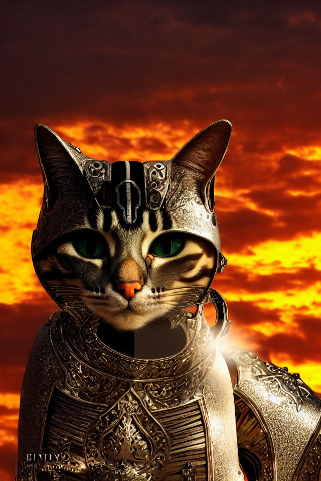 Green-eyed cat in medieval armor against fiery sky.