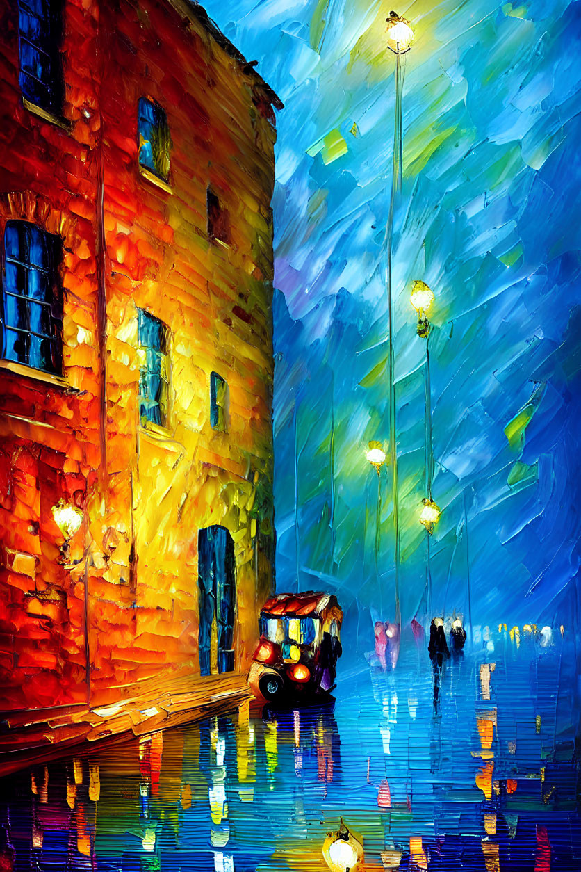 Vibrant cityscape painting: rainy evening scene with illuminated buildings, street lamps, reflections, and