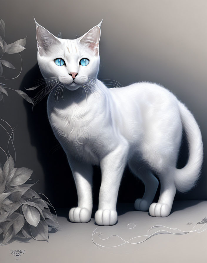 White cat with blue eyes beside gray leaves in digital artwork