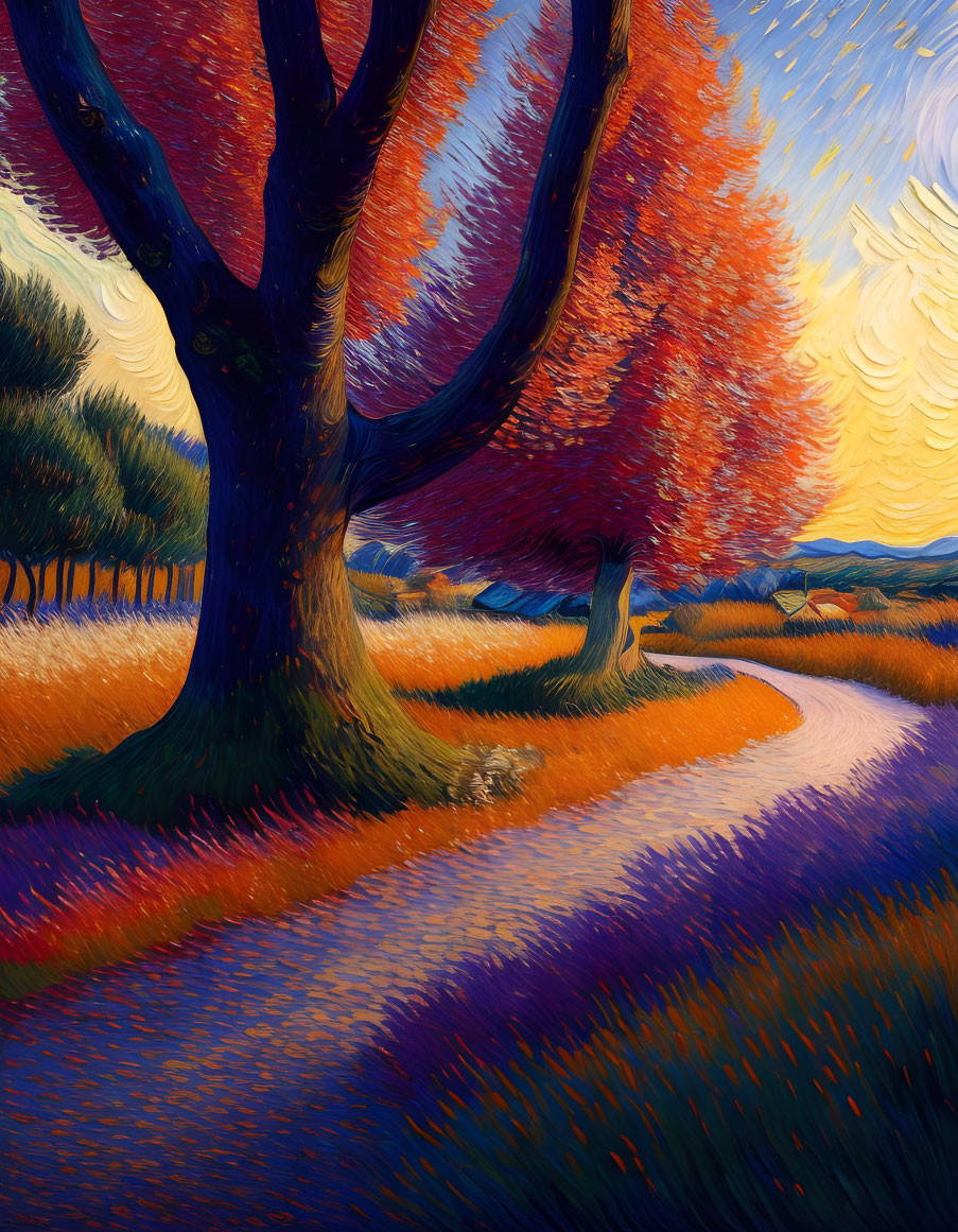 Colorful autumn path painting with swirling sky reminiscent of Van Gogh.