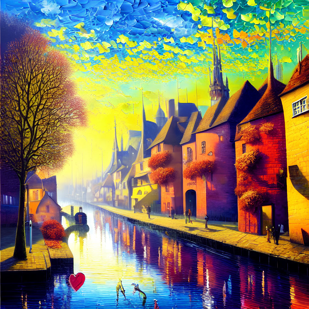 Colorful European Town Painting: Canal, Heart Balloon, Autumn Trees