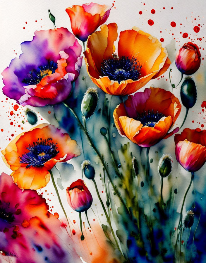 Colorful Watercolor Painting of Poppy Flowers on White Background