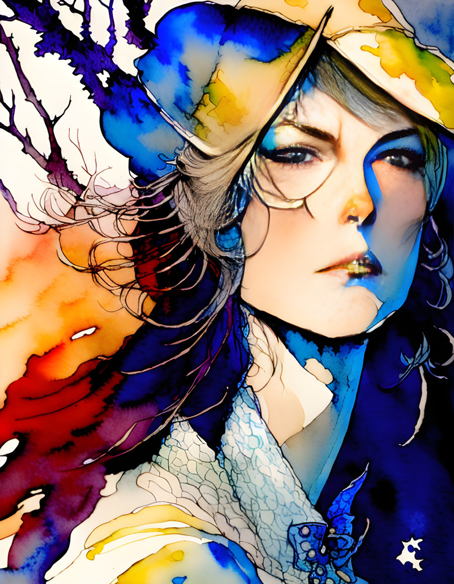 Colorful Watercolor Style Artwork of Person with Hat