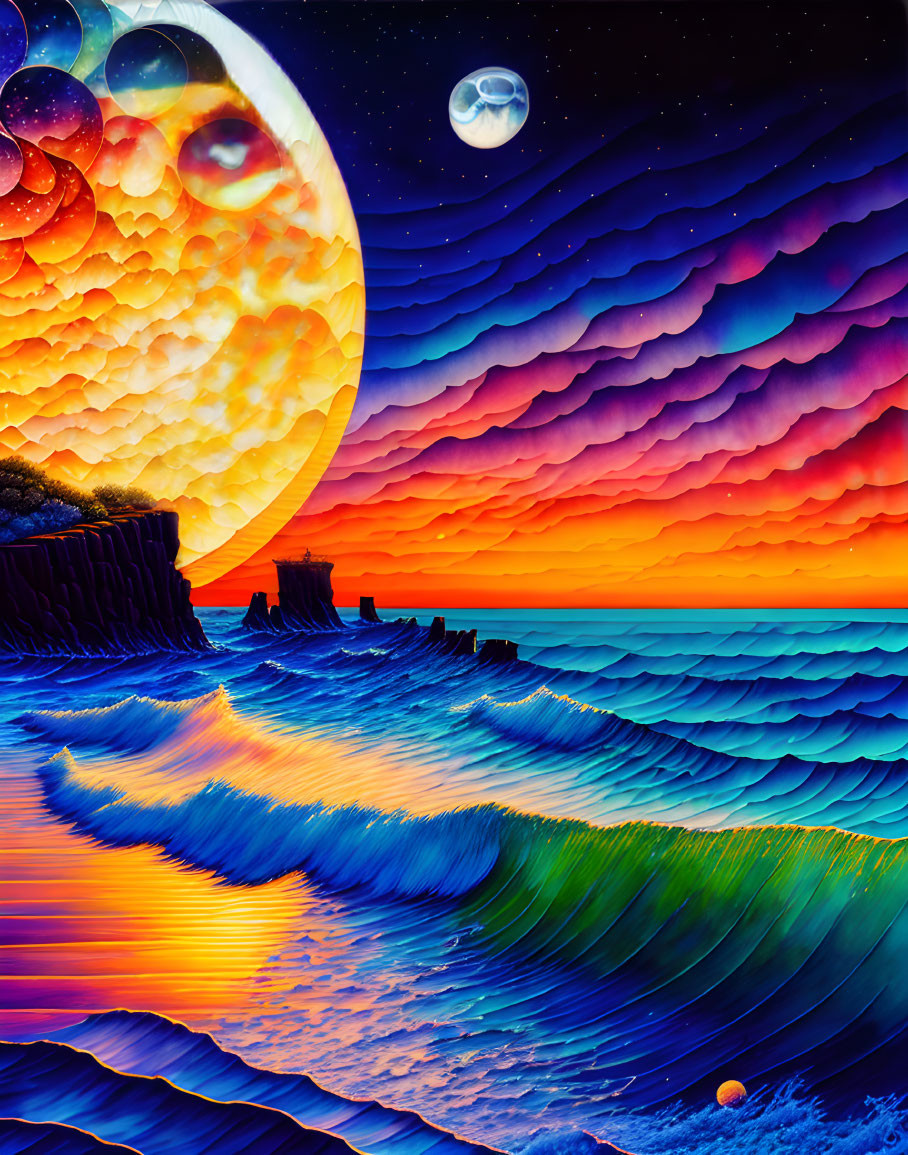 Colorful surreal seascape with layered waves and celestial patterns